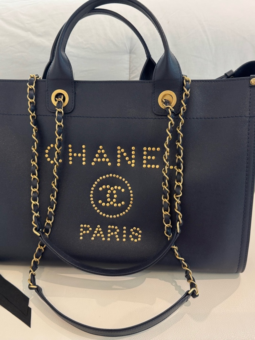 Chanel Caviar Small Studded Deauville Tote Navy